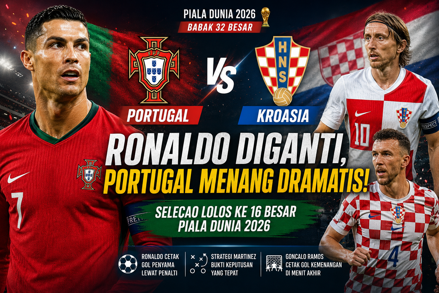 Portugal vs Kroasia di Piala Dunia 2026 menampilkan Cristiano Ronaldo sebelum diganti Roberto Martinez saat Portugal menang dramatis 2-1 atas Kroasia.