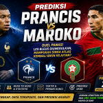 Prediksi Prancis vs Maroko jelang perempat final Piala Dunia 2026 menampilkan ilustrasi duel kedua tim beserta prediksi skor dan analisis pertandingan.