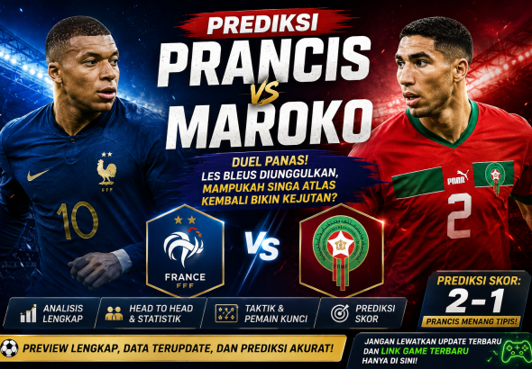 Prediksi Prancis vs Maroko jelang perempat final Piala Dunia 2026 menampilkan ilustrasi duel kedua tim beserta prediksi skor dan analisis pertandingan.