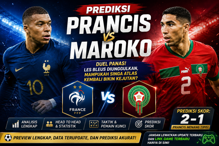 Prediksi Prancis vs Maroko jelang perempat final Piala Dunia 2026 menampilkan ilustrasi duel kedua tim beserta prediksi skor dan analisis pertandingan.