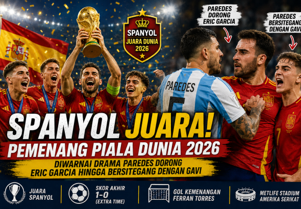 Spanyol juara Piala Dunia 2026 usai mengalahkan Argentina 1-0, dengan insiden Leandro Paredes mendorong Eric Garcia dan bersitegang dengan Gavi.