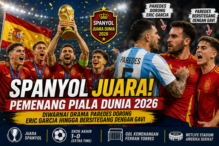 Spanyol juara Piala Dunia 2026 usai mengalahkan Argentina 1-0, dengan insiden Leandro Paredes mendorong Eric Garcia dan bersitegang dengan Gavi.