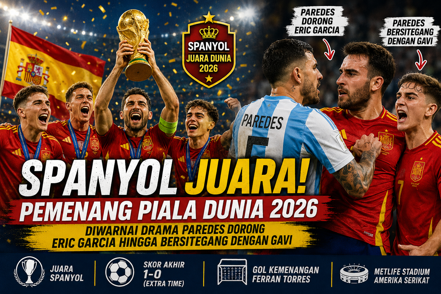 Spanyol juara Piala Dunia 2026 usai mengalahkan Argentina 1-0, dengan insiden Leandro Paredes mendorong Eric Garcia dan bersitegang dengan Gavi.