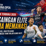 Banner Tiongkok Terbuka 2026 yang menampilkan suasana turnamen bulu tangkis BWF World Tour Super 1000 serta ilustrasi atlet dengan informasi jadwal, hasil, dan peluang wakil Indonesia.