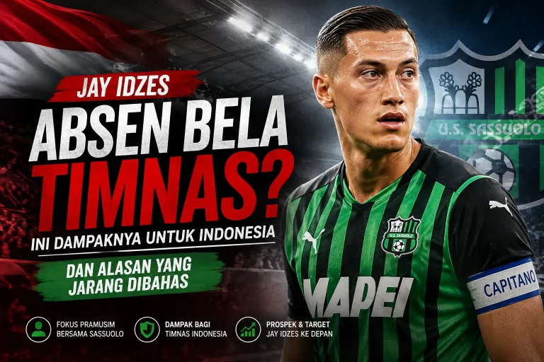 Jay Idzes mengenakan jersey Sassuolo dengan latar bendera Indonesia membahas alasan absen membela Timnas Indonesia dan dampaknya bagi skuad Garuda.