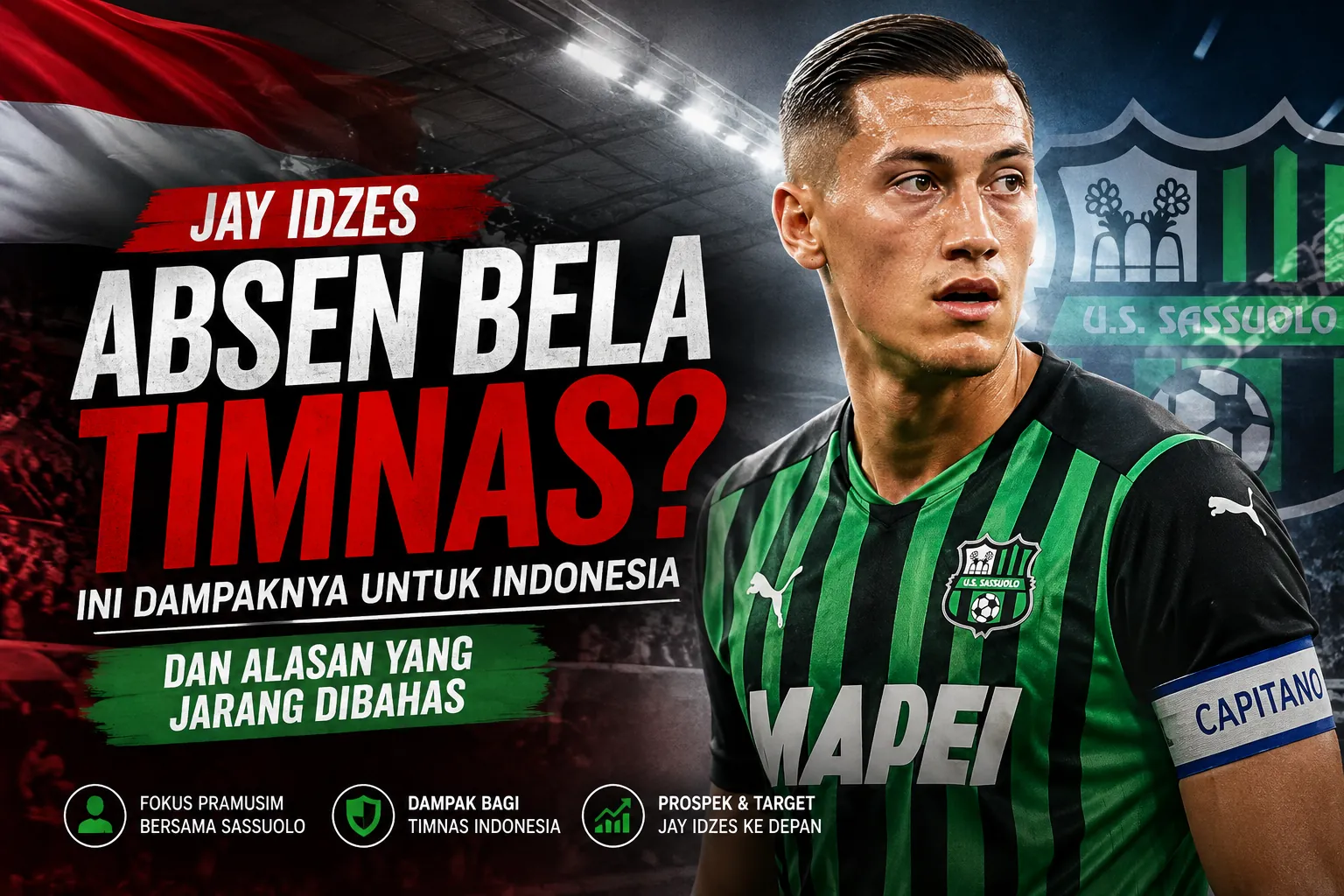 Jay Idzes mengenakan jersey Sassuolo dengan latar bendera Indonesia membahas alasan absen membela Timnas Indonesia dan dampaknya bagi skuad Garuda.